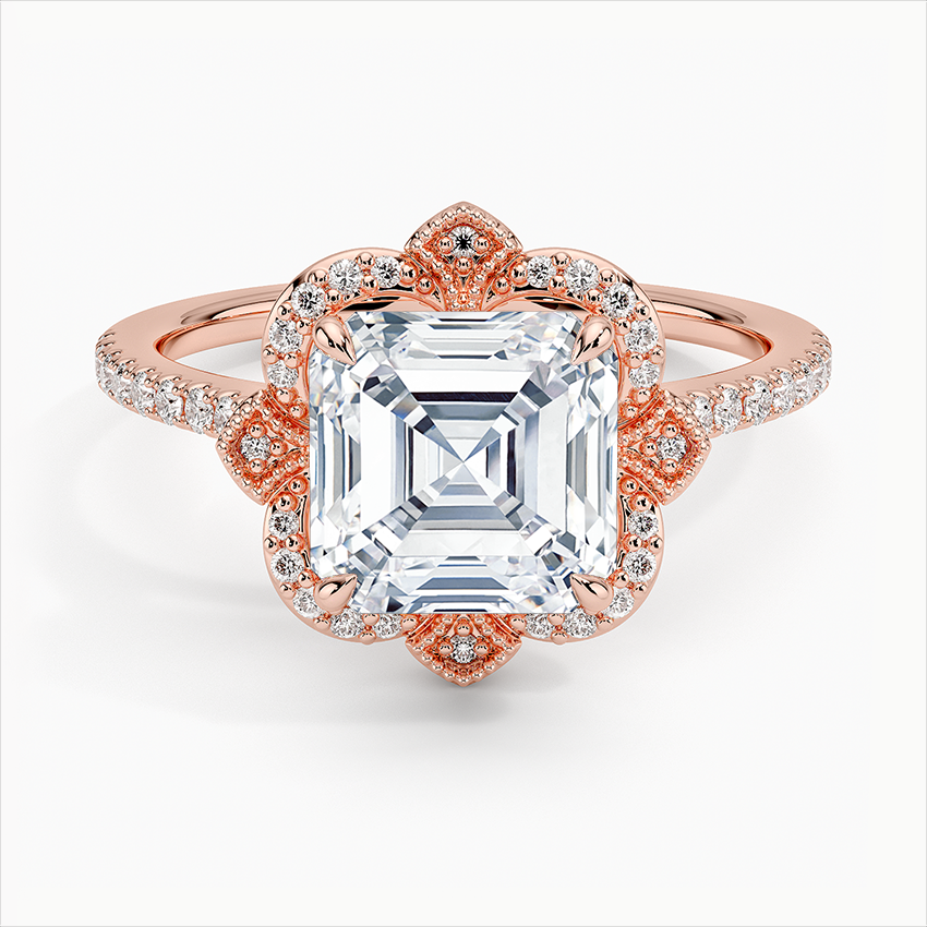 Luxury Ring Halo Asscher Diamond Engagement Ring 14k Rose Gold