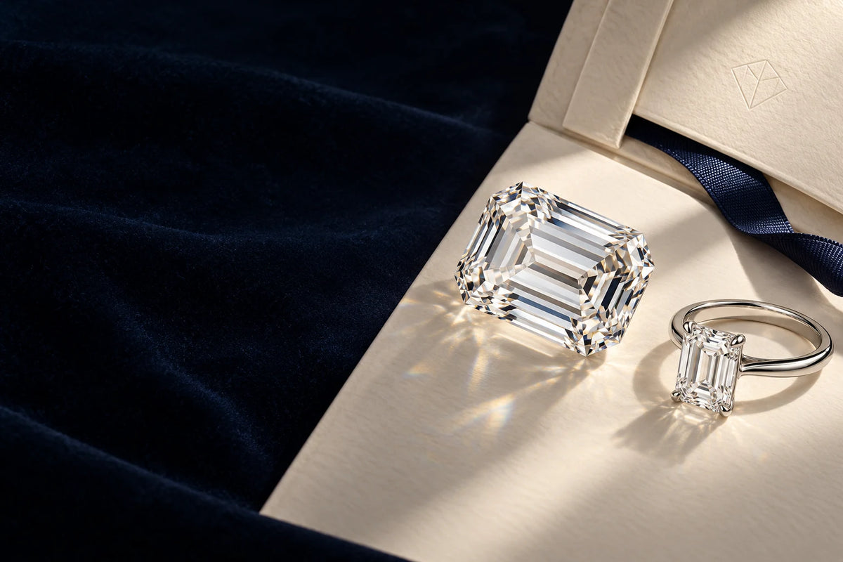Concept still life: a loose emerald-cut diamond, a platinum ring and a private jewelry folio
