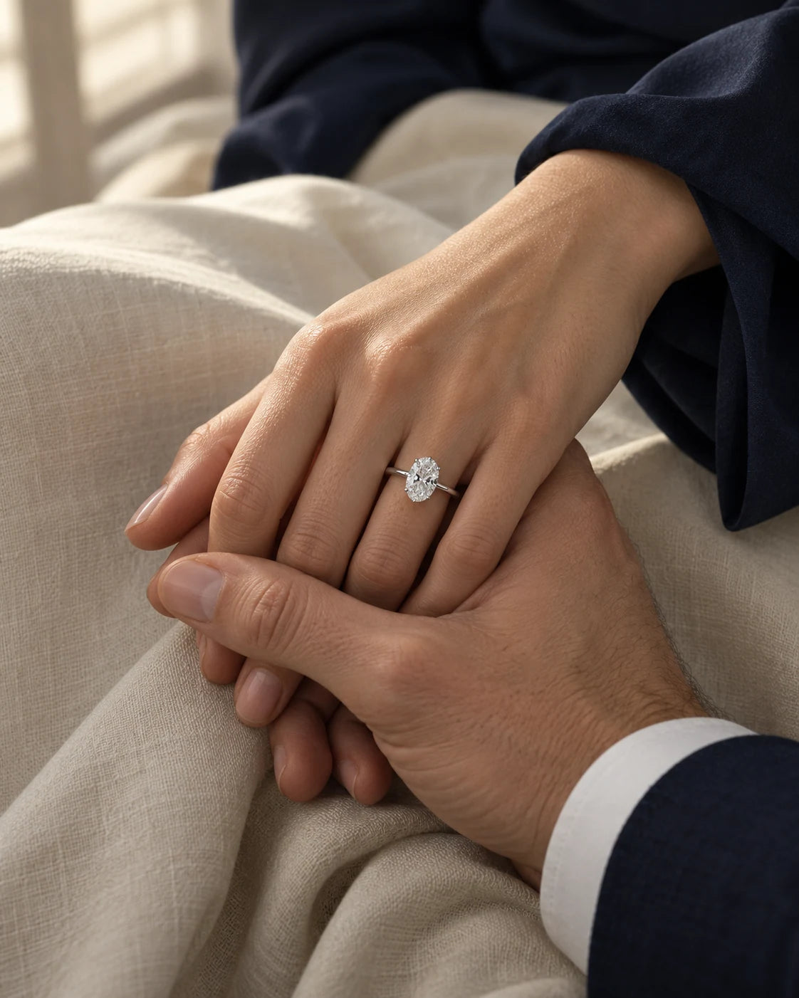 AI illustration: an oval solitaire worn on a hand held by a partner; not the original customer or ring