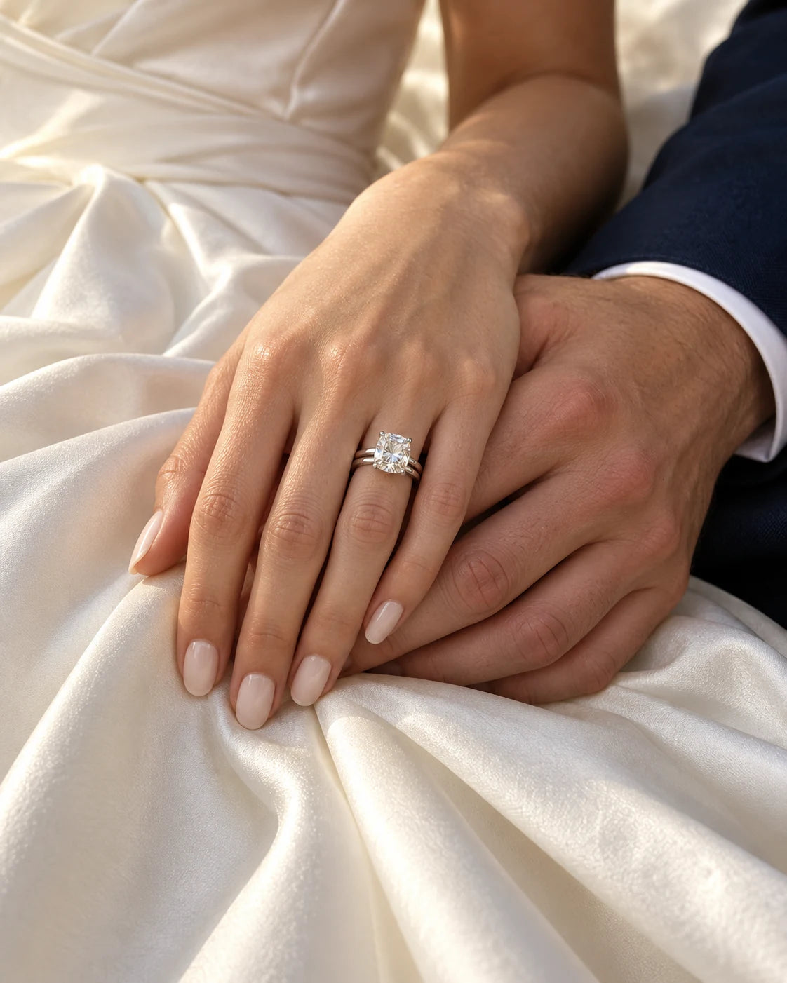 AI illustration: a cushion solitaire and wedding band on a bride’s hand over ivory silk; not the original bride or ring