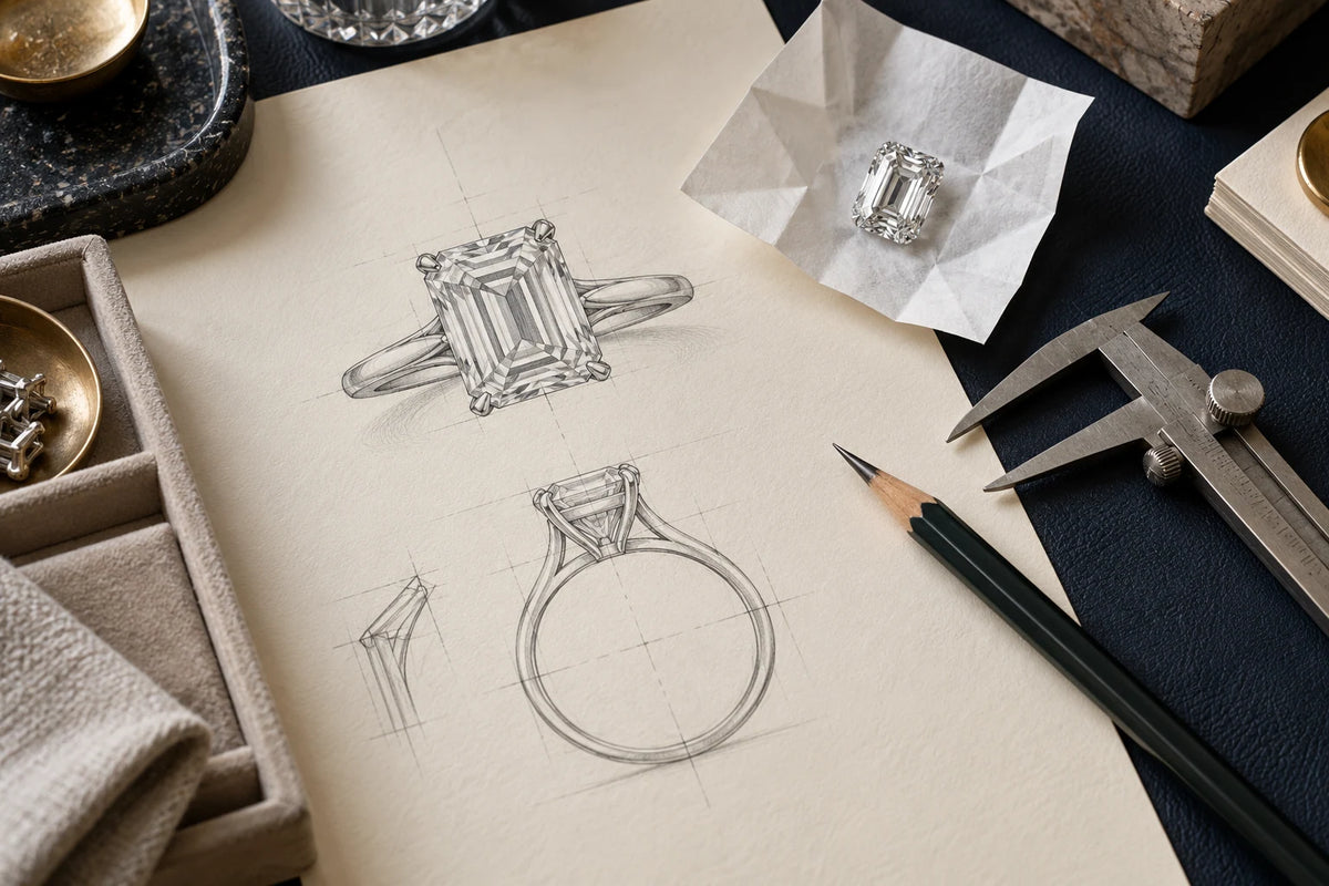 Concept of a hand-drawn ring blueprint, a loose diamond and measuring tools