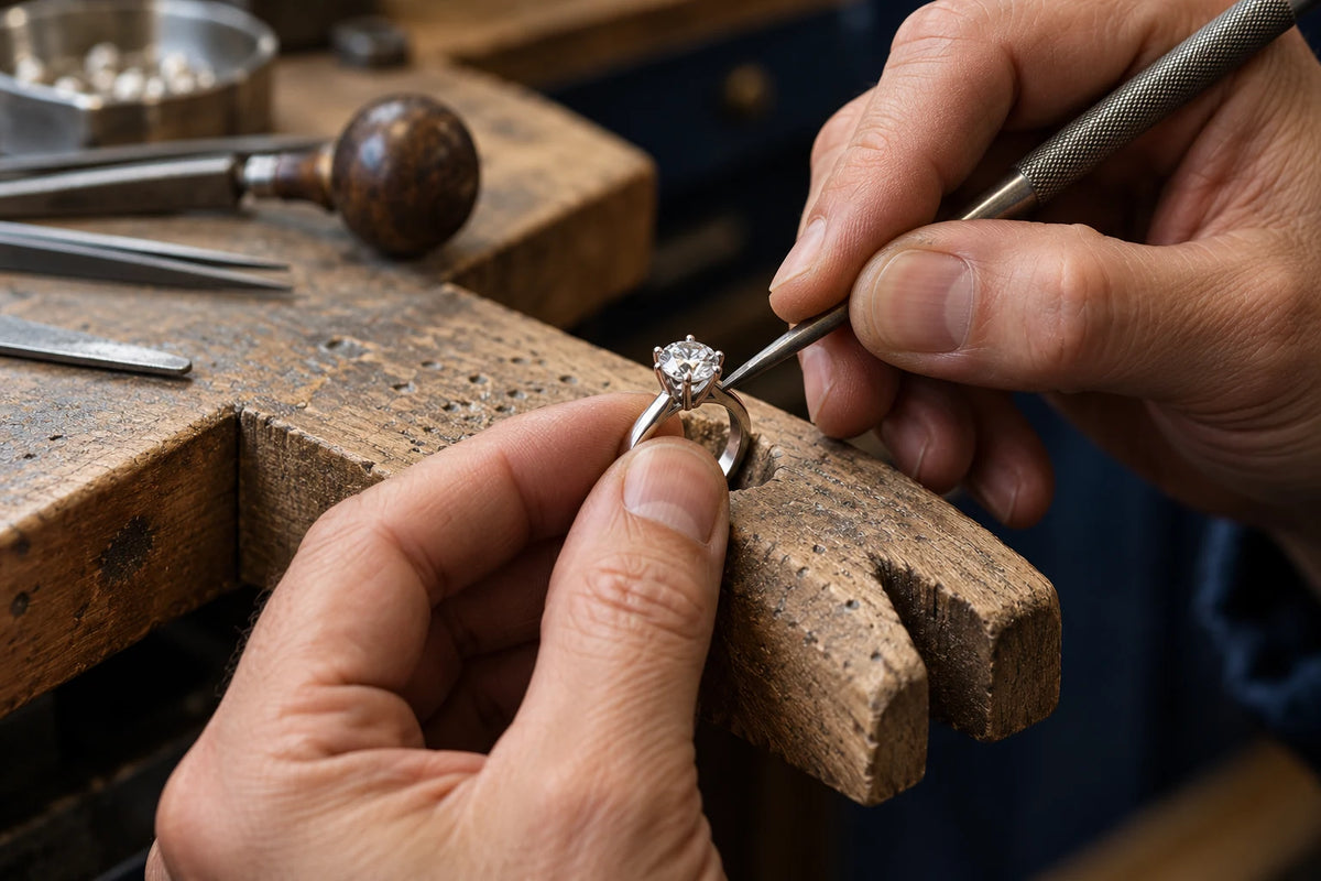 Concept of a craftsperson refining a solitaire at a traditional jeweler’s bench