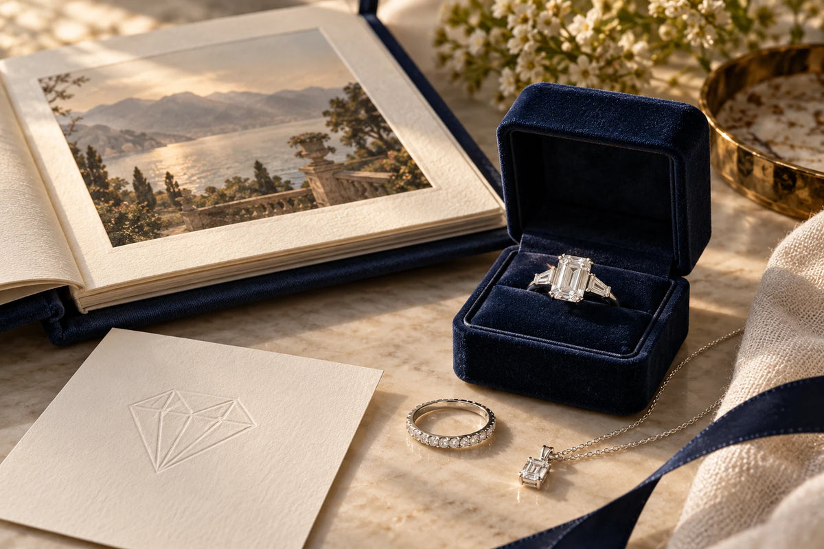 Concept of an ivory jewelry folio, a navy ring box and anniversary jewelry