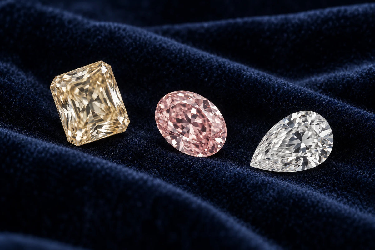 Concept samples of champagne, blush and colorless loose diamonds on navy velvet